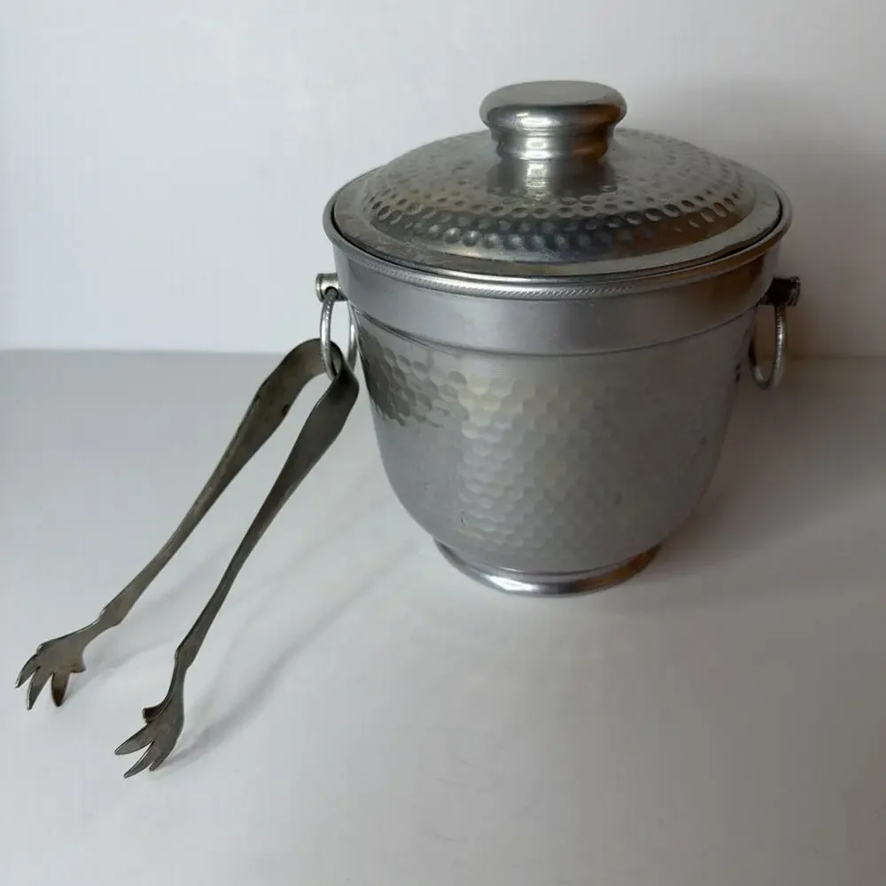 Vintage Hammered Aluminum Ice Bucket and Tongs Mid Century Barware Made in Italy